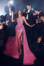 Elegant Long Mermaid Spaghetti Straps Sequined Formal Prom Dresses With Slit