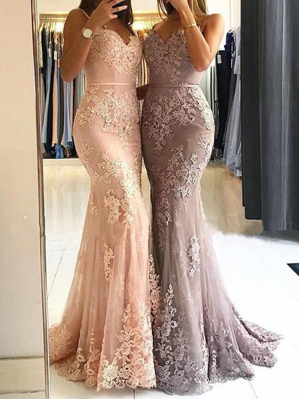 Elegant Long Mermaid Sweetheart Spaghetti-Straps Lace Appliques Prom Dress