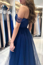 Elegant Long Navy Blue Off-the-shoulder A-line Sleeveless Prom Dresses