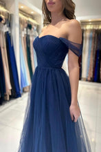Elegant Long Navy Blue Off-the-shoulder A-line Sleeveless Prom Dresses