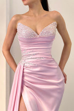 Elegant Long Pink Sleeveless Front Split Satin Prom Dress With Beading