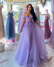 Elegant Long Purple A-line Off-the-shoulder Sleeveless Prom Dress With Lace