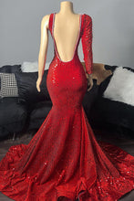 Elegant Long Red One Shoulder V-neck Sequined Prom Dress With Long Sleeve
