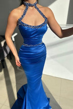Elegant Long Royal Blue Halter Beading Sleeveless Mermaid Prom Dresses