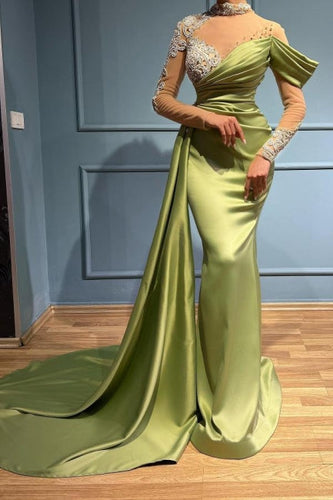 Elegant Long Sage High Neck Mermaid Evening Dresses With Long Sleeves