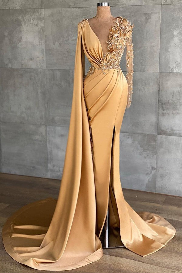 fitted lace wedding dress Elegant Long Sleeves Mermaid V-neck Satin Prom Dress with Slit – Anna  PromDress