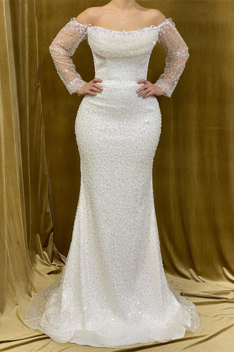 Elegant Long Strapless Beading Mermaid Prom Dress With Long Sleeves