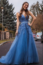 Elegant Long V-neck Wide Straps Tulle A-line Prom Dress with Appliques Lace