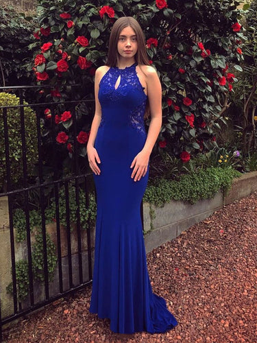Elegant Mermaid Lace Backless Long Prom Dresses Royal Blue Formal Evening Gowns