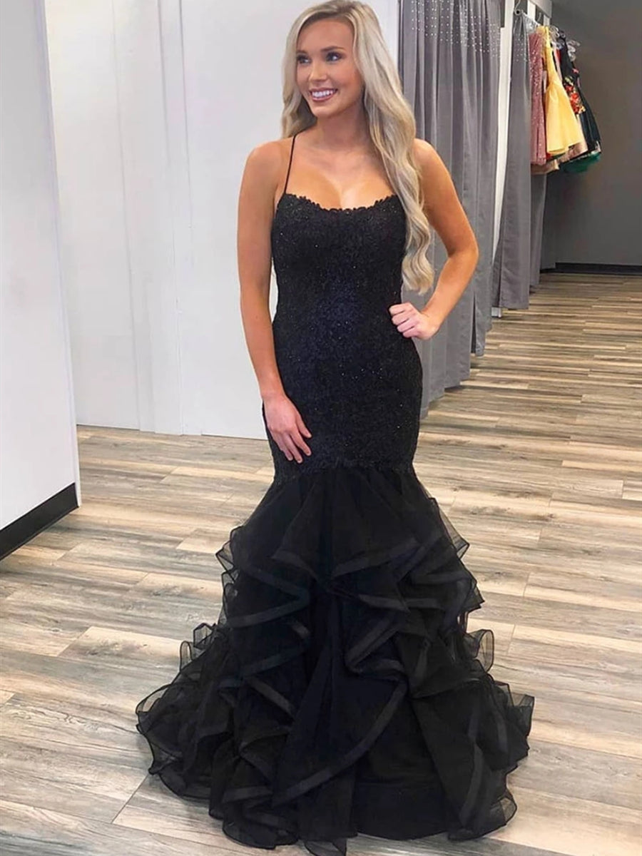 Elegant Mermaid Puffy Black Lace Long Prom Dresses Black Formal Evening Gowns