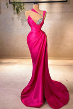 Elegant Mermaid V-neck Sleeveless Ruffles Satin Split Front Fuchsia Prom Dress