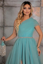 Elegant one shoulder sleeveless a-line 100D-Chiffon evening dresses ribbons