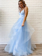 Elegant Princess V Neck Puffy Organza Spaghetti Straps Long Prom Dresses