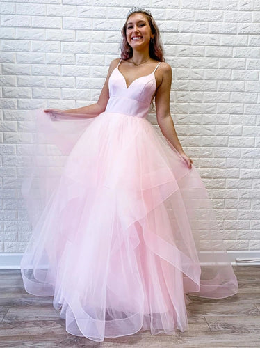 Elegant Princess V Neck Puffy Organza Spaghetti Straps Long Prom Dresses