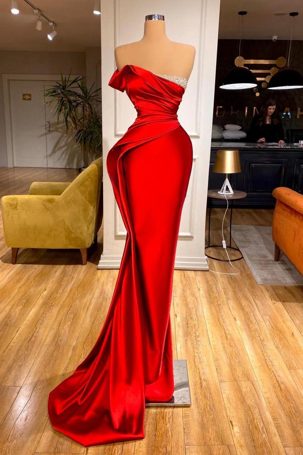 Elegant Red Long Mermaid Strapless Satin Formal Prom Dresses
