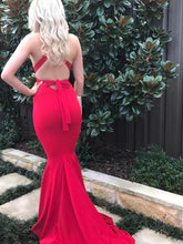 Elegant Red Mermaid V Neck Backless Satin Open Back Long Prom Dresses