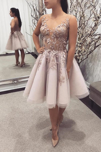 Elegant Short A-line Bateau Lace Tulle Backless Prom Dress