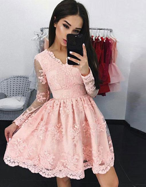 Elegant Short A Line Lace Homecoming Dresses with Sleeves