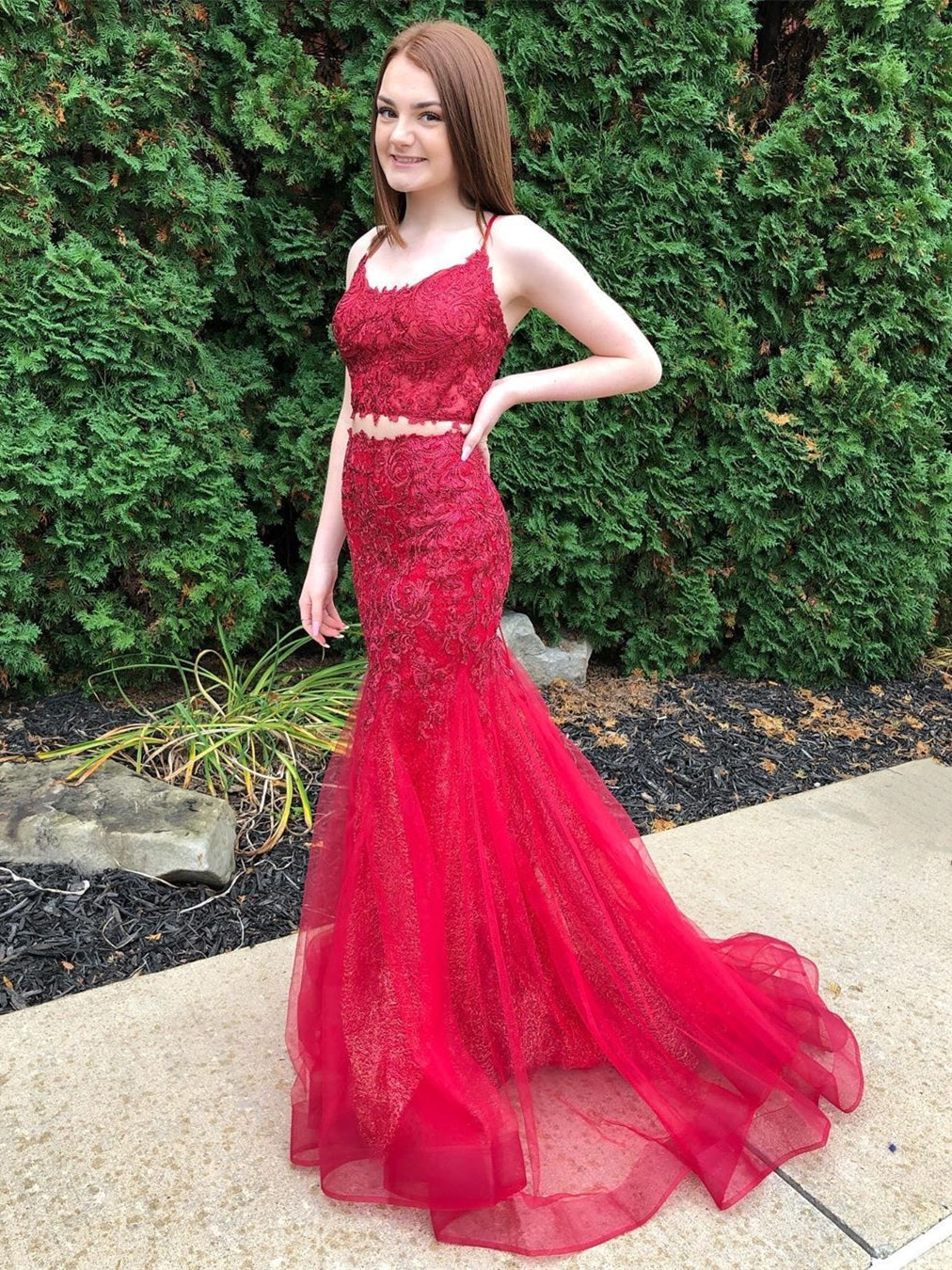 Elegant Two Pieces Mermaid Tulle Lace Long Formal Prom Dresses