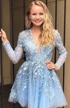 Elegant V-neck Lace Tulle A-line Short Prom Dress with Sleeves