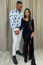 Elegant Velvet Long Black A-line Split Evening Dresses With Sleeves