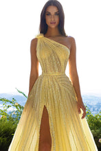 Elegant Yellow One Shoulder Sequined A-line Prom Dress With Slit