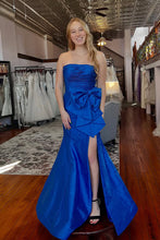 Elton | Red Strapless Mermaid Big Bow Satin Pleated Formal Prom Dress with Slit