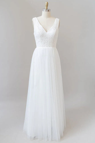 A-line Straps V-neck Chiffon Open Back Long Wedding Dress