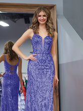 Purple Sheath Sequins Long Prom Dress with Slit