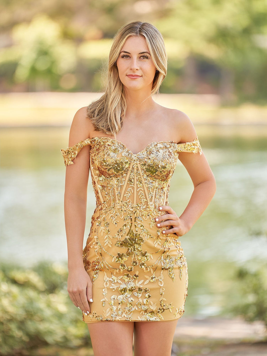 Short Off the Shoulder Sheath Gold Corset Homecoming Dresses