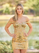 Short Off the Shoulder Sheath Gold Corset Homecoming Dresses