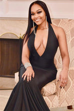 Excellent Long Mermaid Halter Open Back Black Prom Dress