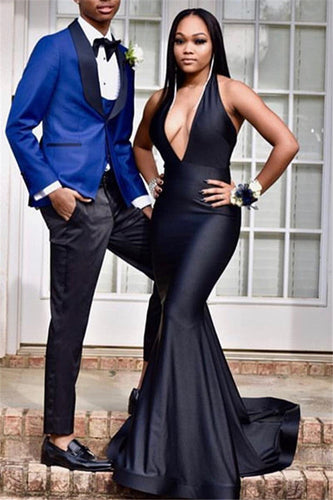 Excellent Long Mermaid Halter Open Back Black Prom Dress