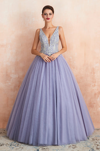 Excellent Long Princess V-neck Sleeveless Tulle Backless Prom Dress