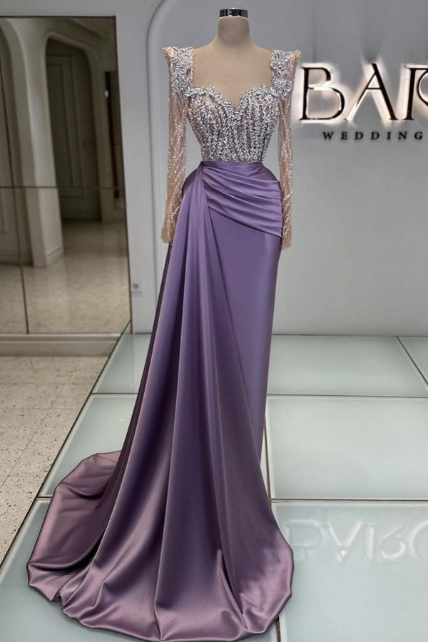 prom dresses purple and silver Extravagant Long Beading Lace Sequined Dress with Long Sleeves – Anna PromDress Side cutouts and a Color:Linear Rose Sequin Backless Split Maxi edm_290526