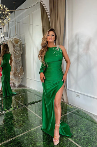 One Shoulder Green Satin Mermaid Prom Dress with Slit and Rhinestone