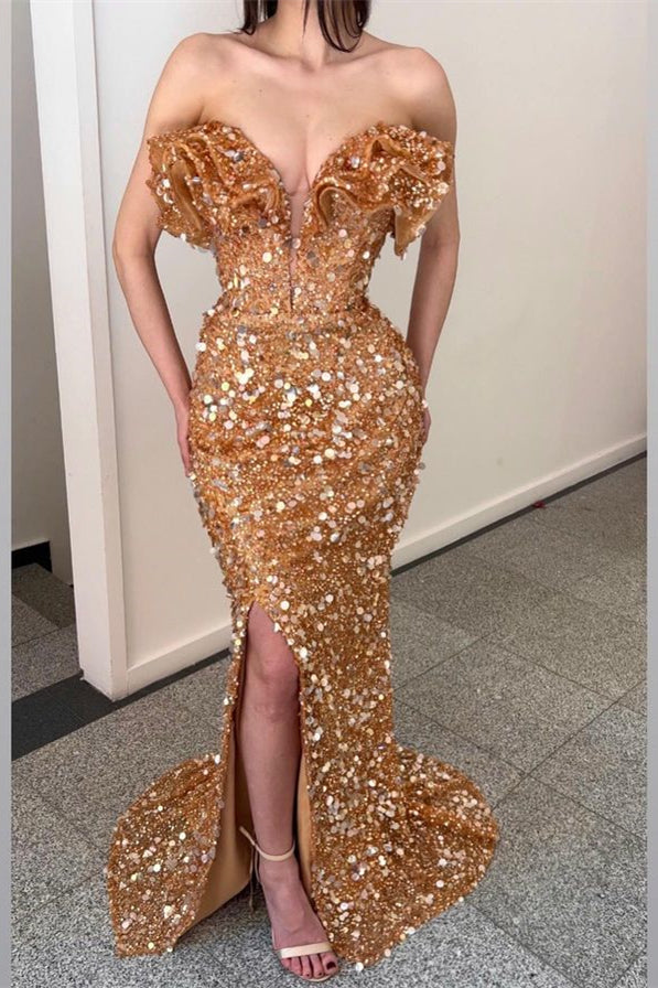 Long V Neck Pleated Sequins Mermaid Prom Dress With Slit