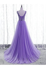 Purple Beaded V-neckline Tulle Sparkle Party Dress Evening Dress Purple Tulle Prom Dress Y1008