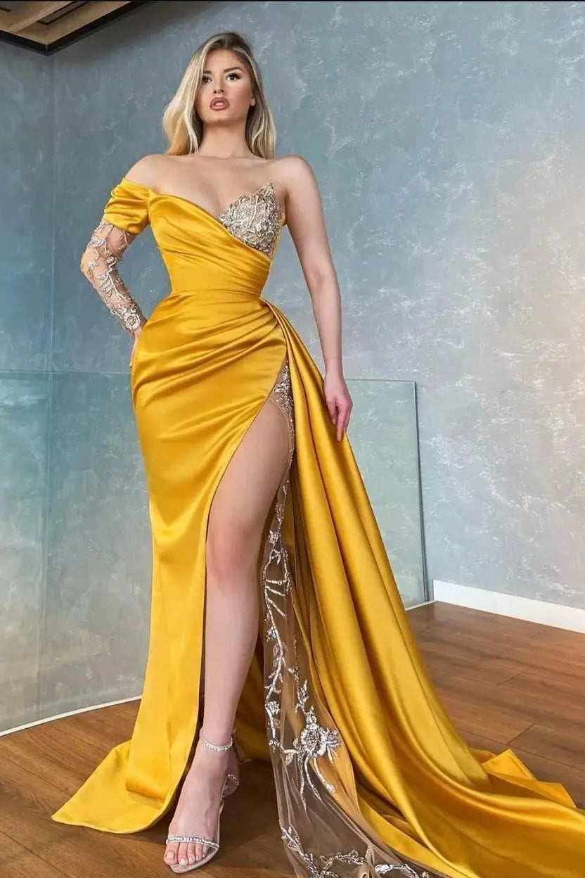 Yellow Long Sleeve Satin Sweetheart Ruffles Mermaid Prom Dress with Split