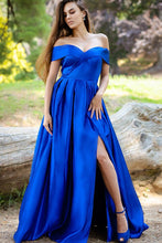 Regal Blue Off The Shoulder A-Line Satin Gown with Elegant Split Hem