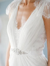 A Line V neck Cap Sleeves Long Lace Wedding Dress