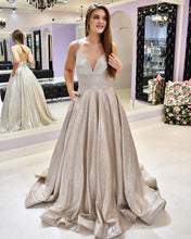 A-line V-neck Sequins Floor Length Evening Dress with Spaghetti Straps