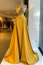 Fabulous Column Satin Halter Sleeveless Yellow Long Prom Dress With Beading