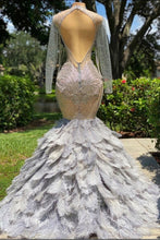 Fabulous Long Mermaid V-neck Sequined Beading Feather Tulle Prom Dress with Sleeves
