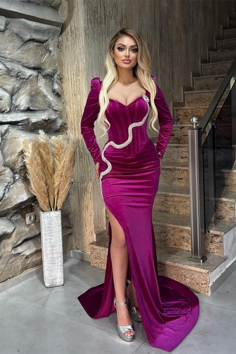 Fabulous Long Sleeves Mermaid Sweetheart Velvet Formal Prom Dresses with Slit