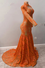 Fabulous Orange Halter Appliques Lace Long Sleeve Mermaid Prom Dresses