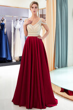 Fascinating Long A-line V-neck Beaded Stretch Satin Evening Dresses
