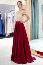 Fascinating Long A-line V-neck Beaded Stretch Satin Evening Dresses