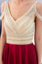 Fascinating Long A-line V-neck Beaded Stretch Satin Evening Dresses