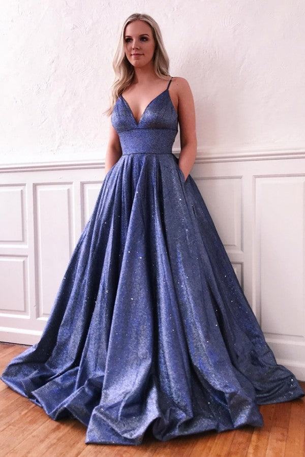 Fascinating Long A-line V-neck Bright silk Prom Dress with Pockets